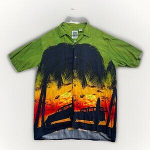 Vintage Ocean Current Hawaiian Shirt Sun set Beach Scene Surf Palm tree Sz M